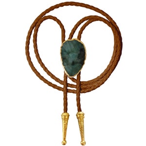 Green Emerald Bolo Tie Gemstone Gold or Silver Trim Braided Vegan Faux Leather Handmade Necklace Adjustable Western Jewelry