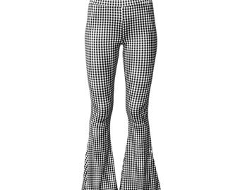 Bell Bottom Flare Stretch Yoga High Waisted Boho Retro Print Comfy 70s Festival Legging Pants - Black Gingham