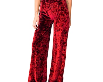Red Lush Crushed Samt Casual Loungewear Mitte bis Hochhaus-Elastische Taille Stretch Stricken Loose Fit gerade weites Bein Palazzo Hose