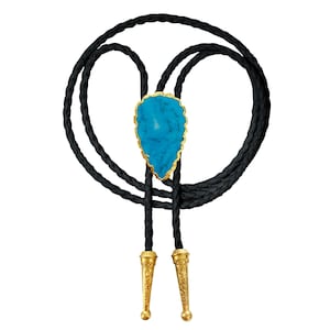 Turquoise Bolo Tie Gemstone Gold Silver Trim Stone Braided Vegan Faux Leather Handmade Necklace Adjustable White Brown Western Jewelry