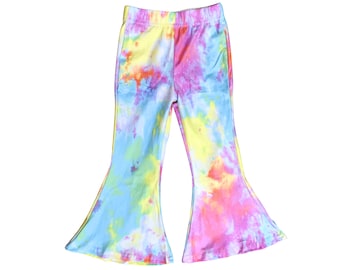 Little Girls Tie Dye Rainbow Pastel Print Boho Bell Bottom Stretch Legging Flared Yoga Pants Baby Toddler Kids Children's 2T-5T, 6-8