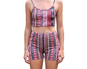 Tweedelig combi-set crop top cami hoog getailleerde bikershort yoga Athleisure loungewear bijpassende set dames - 2" binnenbeenlengte - marsala hamsa-print