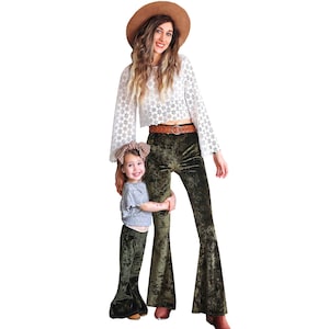 Mommy & Me Mother Daughter Adult and Kids Matching Crushed Velvet Bell Bottom Boho Hippie Printed Flare Stretch Legging Yoga Pants