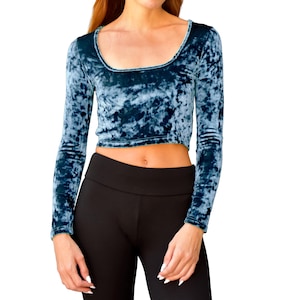 Indigo Blue Lush Crushed Velvet Low Cut Square Neck Long Sleeve Cropped Tight Fitted Stretch Knit Bodycon Velour Going Out Crop Top
