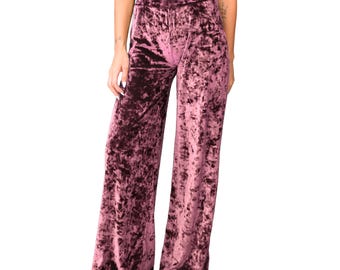 Dusty Rose Pink Lush Crushed Velvet Casual Loungewear Mid to High Rise Elastic Waist Stretch Knit Loose Fit Straight Wide Leg Palazzo Pants