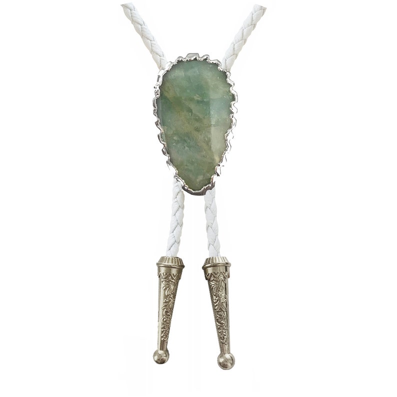 Aquamarine Bolo Tie Edelstein Gold oder Silber Zierstein geflochten Vegan Kunstleder handgemachte Halskette Einstellbar Weiß Braun Western Schmuck Bild 4