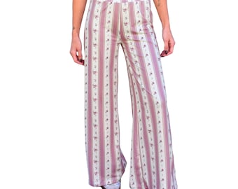 Pantalón palazzo de pierna ancha, corte recto, con estampado floral a rayas, estilo casual, de talle medio a alto, cintura elástica y tejido elástico.