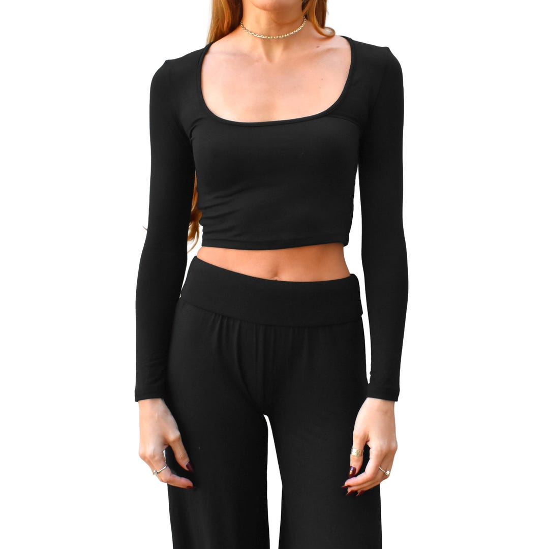 Solid Black Low Cut Square Neck Long Sleeve Cropped Tight Fitted
