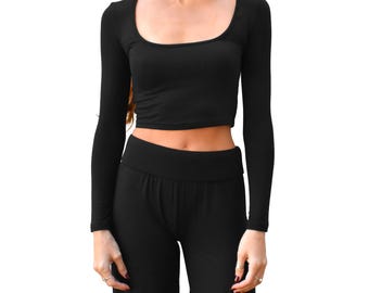 Solid Black Low Cut Square Neck Long Sleeve Cropped Tight Fitted Basic Printed Stretch Knit Bodycon Going Out Crop Top