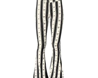 Bell Bottom Flare Stretch Yoga High Waisted Boho Retro Striped Floral Print Comfy 70s Festival Legging Pants - Black Coquette