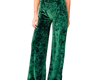 Emerald Grün Lush Crushed Samt Lässig Loungewear Mitte bis hoch Leibhöhe Elastische Taille Stretch Stricken Locker Fit gerade weites Bein Palazzo Hose