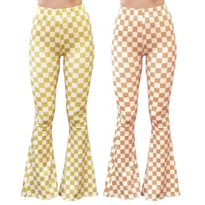 May include: Two pairs of checkered bell bottom pants. One pair is green and white, the other is brown and white.