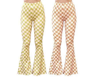 Bell Bottom Flare Stretch Yoga High Waisted Boho Retro Tan Green Checkerboard Print Comfy 70s Festival Legging Pants