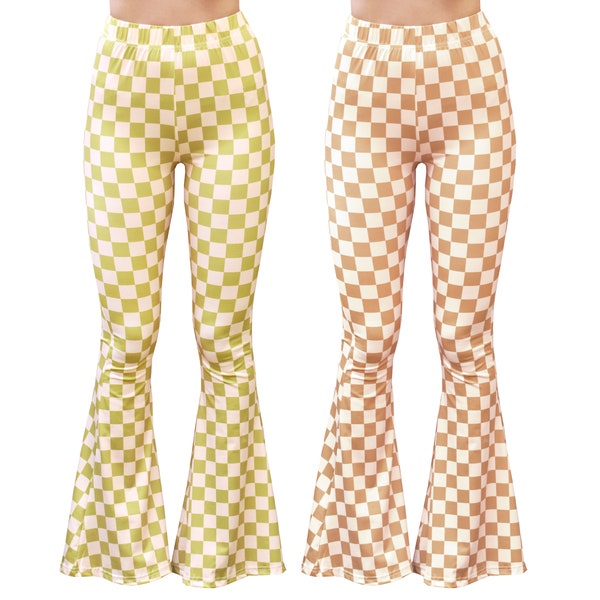 Bell Bottom Flare Stretch Yoga High Waisted Boho Retro Tan Green Checkerboard Print Comfy 70s Festival Legging Pants