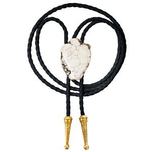 Bolo Tie White Howlite Stone Braided Vegan Faux Leather Silver Handmade Necklace Adjustable Black Grey Brown Boho Bohemian Western Jewelry