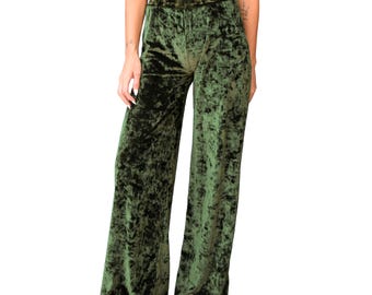 Olive Green Lush Crushed Velvet Casual Loungewear Mid to High Rise Elastic Waist Stretch Knit Loose Fit Straight Wide Leg Palazzo Pants
