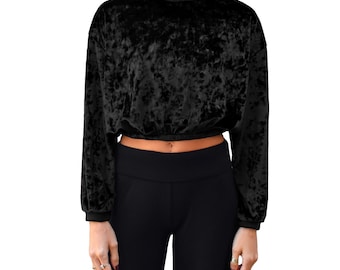 Svart Lush Crushed Velvet Crewneck Långärmad Crop Top Stretchig Stickad Bekväm Pullover Cropped Sweatshirt