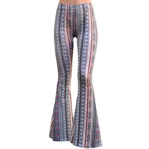 Ausgestellter Schlag Stretch Yoga hoch taillierter Boho Print Bequeme Paisley Damast Hamsa 70er Jahre Hippie Boho Festival Legging Hose - Indigo