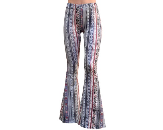 Bell Bottom Flare Stretch Yoga High Waisted Boho Print Gypsy Comfy Ethnic  Tribal Damask 70s Hippie Bohemian Festival Legging Pants Indigo 