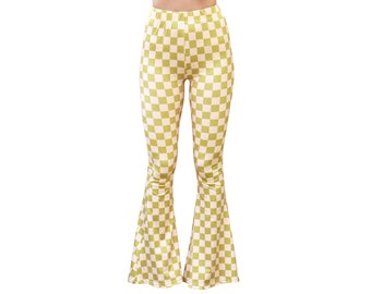 Pantalones de yoga acampanados, elásticos, de cintura alta, estilo bohemio, con estampado de cuadros retro, cómodos, estilo festival de los años 70, color verde