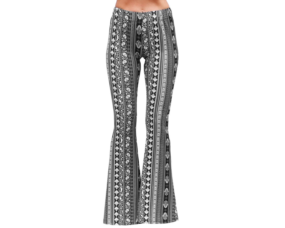 Bell Bottom Flare High Waisted Boho Hamsa Hand Damask Print Black