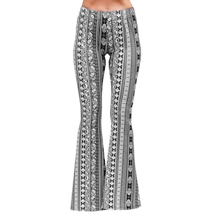 Schlaghose Hoch taillierte Boho Hamsa Hand Damast Druck Schwarz Weiß 70er Jahre Hippie Boho Stretch Yoga Festival Legging Hose