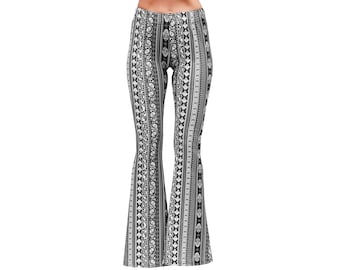 Bell Bottom Flare High Waisted Boho Hamsa Hand Damask Print Black White 70s Hippie Bohemian Stretch Yoga Festival Legging Pants