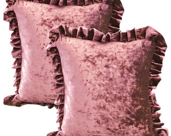 Dusty Rose Pink Lush Crushed Velvet 18x18 Square Lux Color Decorative Ruffle Accent Comfy Washable Zip Pillowcase Pillow Cover Set Pack of 2
