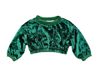 May include: A cropped, emerald green velvet top with a crew neck and long sleeves. The sleeves and neckline are trimmed with a darker green ribbed knit. The bottom hem is elasticized. The fabric has a crushed velvet texture.