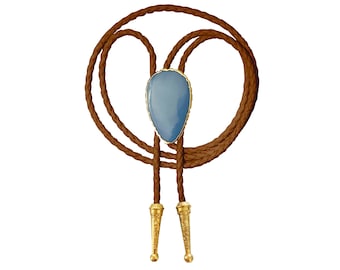Blue Opal Bolo Tie Gemstone Gold Silver Trim Stone Braided Vegan Faux Leather Handmade Necklace Adjustable White Brown Western Jewelry