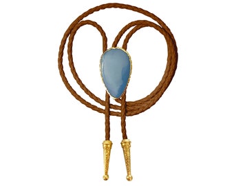 Blue Opal Bolo Tie Gemstone Gold Silver Trim Stone Braided Vegan Faux Leather Handmade Necklace Adjustable White Brown Western Jewelry