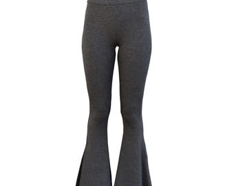 Bell Bottom Flare Stretch Yoga High Waisted Boho Retro Print Comfy 70s Festival Legging Pants - Heather Grey