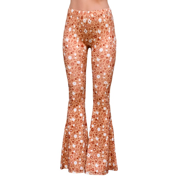 Bell Bottom Flare Stretch Yoga High Waisted Boho Print Gypsy Comfy 70s Flower Child Hippie Bohemian Festival Legging Pants - Gold Floral