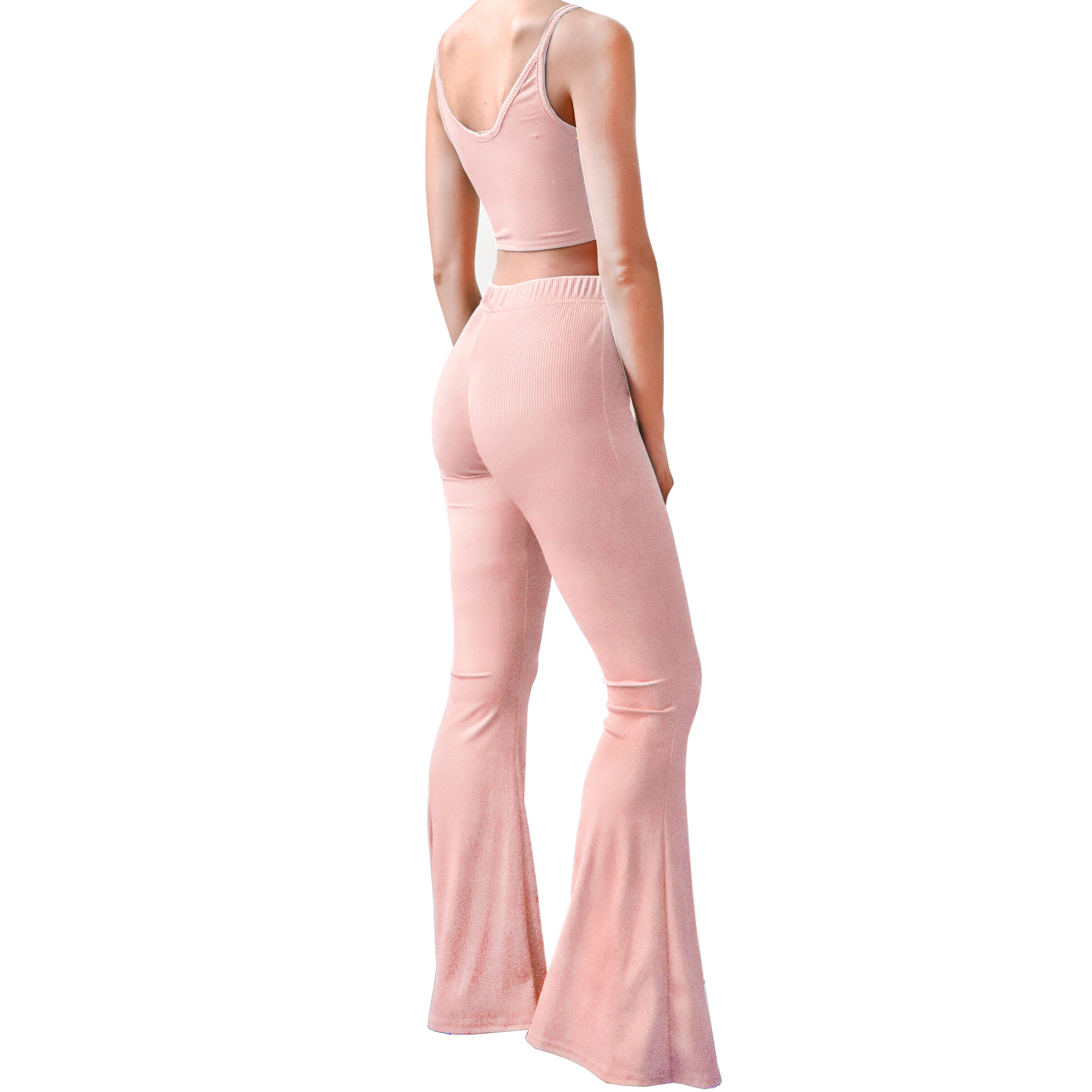 Rose Pink Ribbed Bell Bottom Flare Stretch Knit High Waisted