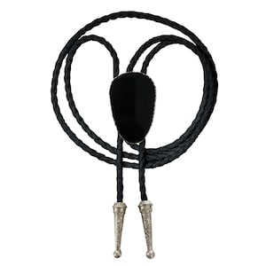 Black Onyx Bolo Tie Gemstone Silver Trim Stone Braided Vegan Faux Leather Handmade Necklace Adjustable White Brown Western Jewelry
