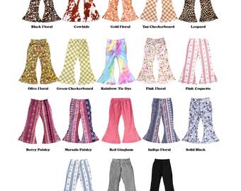 Little Girls Bell Bottom Boho Tie Dye Floral Paisley Checker Print Stretch Flared Legging Yoga Pants Toddler Kids Sizes 2T-5T, 6-8