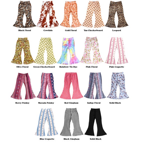 Little Girls Bell Bottom Boho Tie Dye Floral Paisley Checker Print Stretch Flared Legging Yoga Pants Toddler Kids Sizes 2T-5T, 6-8