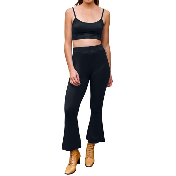 DaisyDelSolDesigns Black High Waisted Cropped Ankle Kick Flare Capri Bell Bottom Pants Legging Boho Yoga Loungewear