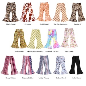 Little Girls Bell Bottom Boho Tie Dye Floral Paisley Checker Print Stretch Flared Legging Yoga Pants Toddler Kids Sizes 2T-5T, 6-8