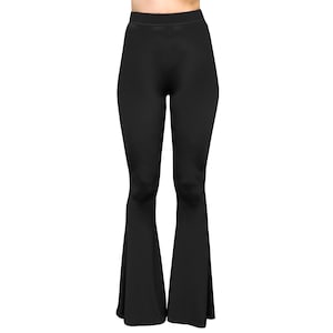 Solid Black Bell Bottom Flare High Waisted Boho Comfy Stretch Knit Yoga 70s Hippie Bohemian Festival Legging Loungewear Pants