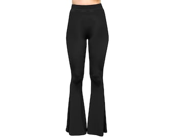 Solid Black Bell Bottom Flare High Waisted Boho Comfy Stretch Knit Yoga 70s Hippie Bohemian Festival Legging Loungewear Pants
