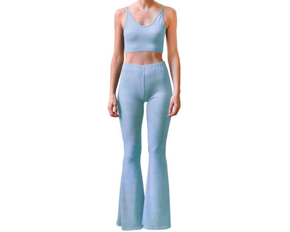 Sky Blue Ribbed Bell Bottom Flare Stretch Knit High Waisted Hippie