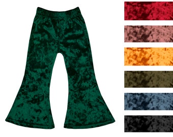 Little Girls Crushed Velvet Bell Bottom Boho Holiday Winter Stretch Flared Legging Yoga Pants Toddler Kids Sizes 2T-5T, 6-14