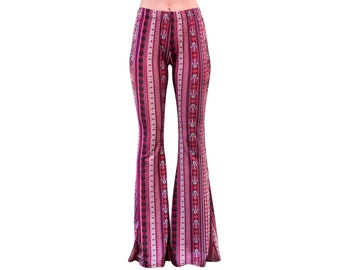 Bell Bottom Flare High Waisted Boho Ethnic Hamsa Hand Damask Print Burgundy 70s Gypsy Hippie Bohemian Stretch Yoga Festival Legging Pants