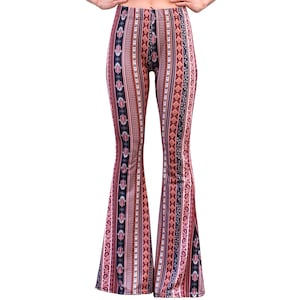 Bell Bottom Flare High Waisted Boho Burgundy 70s Paisley Damask Hamsa Hippie Bohemian Stretch Yoga Festival Legging Pants- Marsala