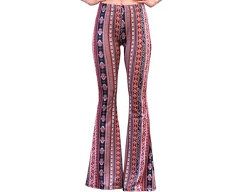 Bell Bottom Flare High Waisted Boho Ethnic Hamsa Hand Damask Print Burgundy  70s Gypsy Hippie Bohemian Stretch Yoga Festival Legging Pants