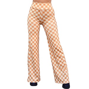 Wide Leg High Waisted Hippie Bohemian Stretch Knit Loose Fit Casual Loungewear Straight Palazzo Pants - Tan Checkerboard