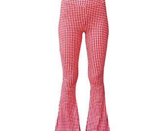 Bell Bottom Flare Stretch Yoga High Waisted Boho Retro Print Comfy 70s Festival Legging Pants - Red Gingham
