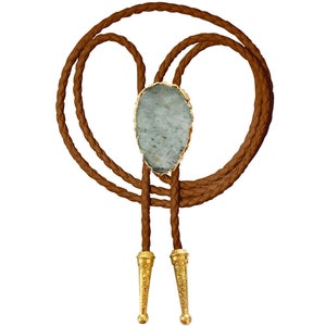 Aquamarine Bolo Tie Gemstone Gold or Silver Trim Stone Braided Vegan Faux Leather Handmade Necklace Adjustable White Brown Western Jewelry