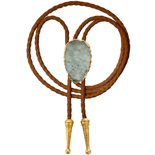 Aquamarine Bolo Tie Gemstone Gold Trim Stone Braided Vegan Faux Leather Gold Tip Handmade Necklace Adjustable White Brown Western Jewelry